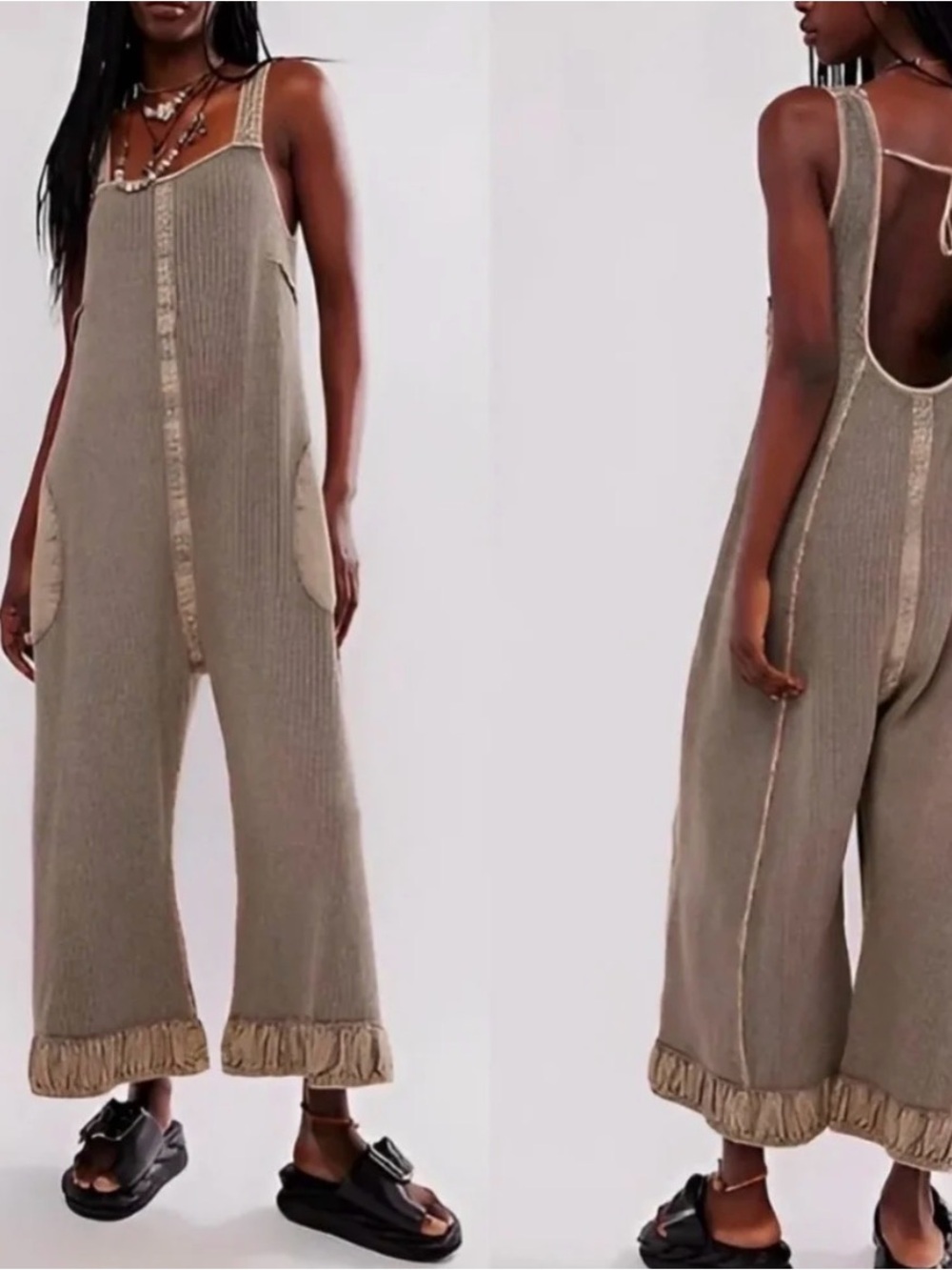 Free People Relaxed Ribbed Wide-Leg Jumpsuit in Taupe